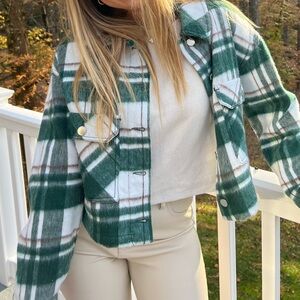 Zara Green and White Plaid Utility Jacket